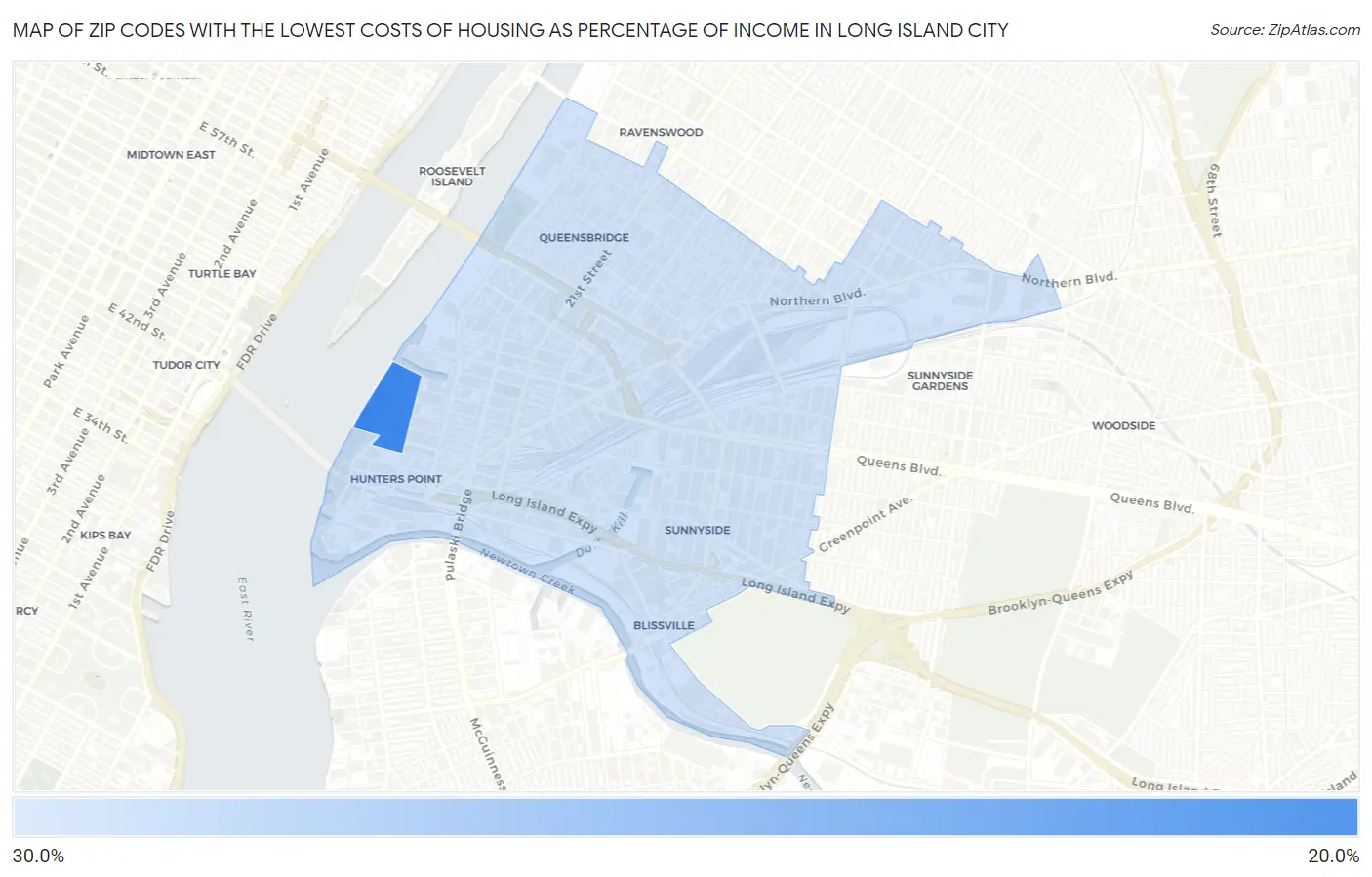 Zip Codes with the Lowest Costs of Housing as Percentage of Income in Long Island City Map