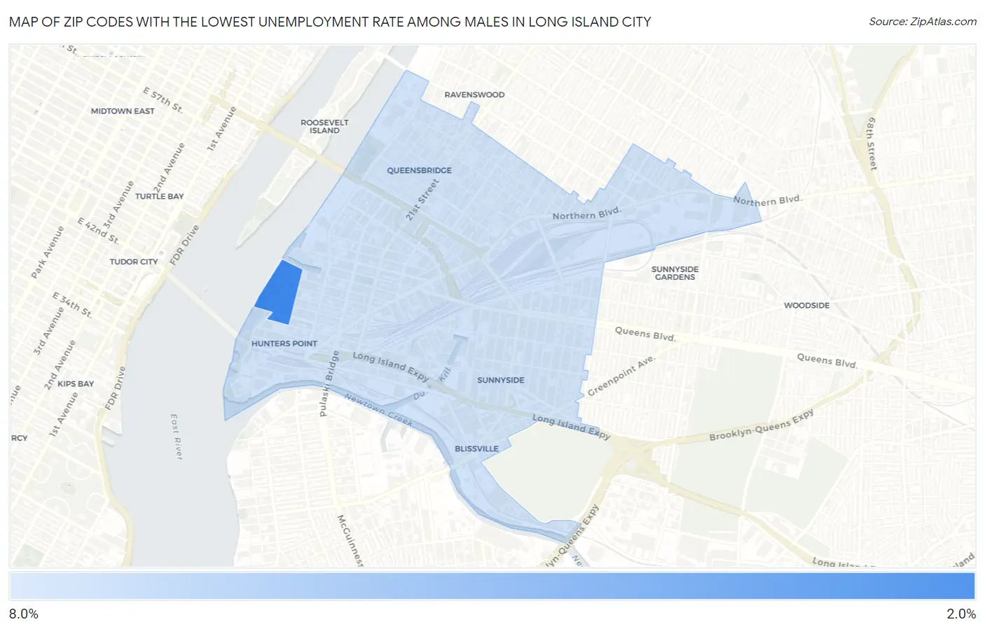 Zip Codes with the Lowest Unemployment Rate Among Males in Long Island City Map