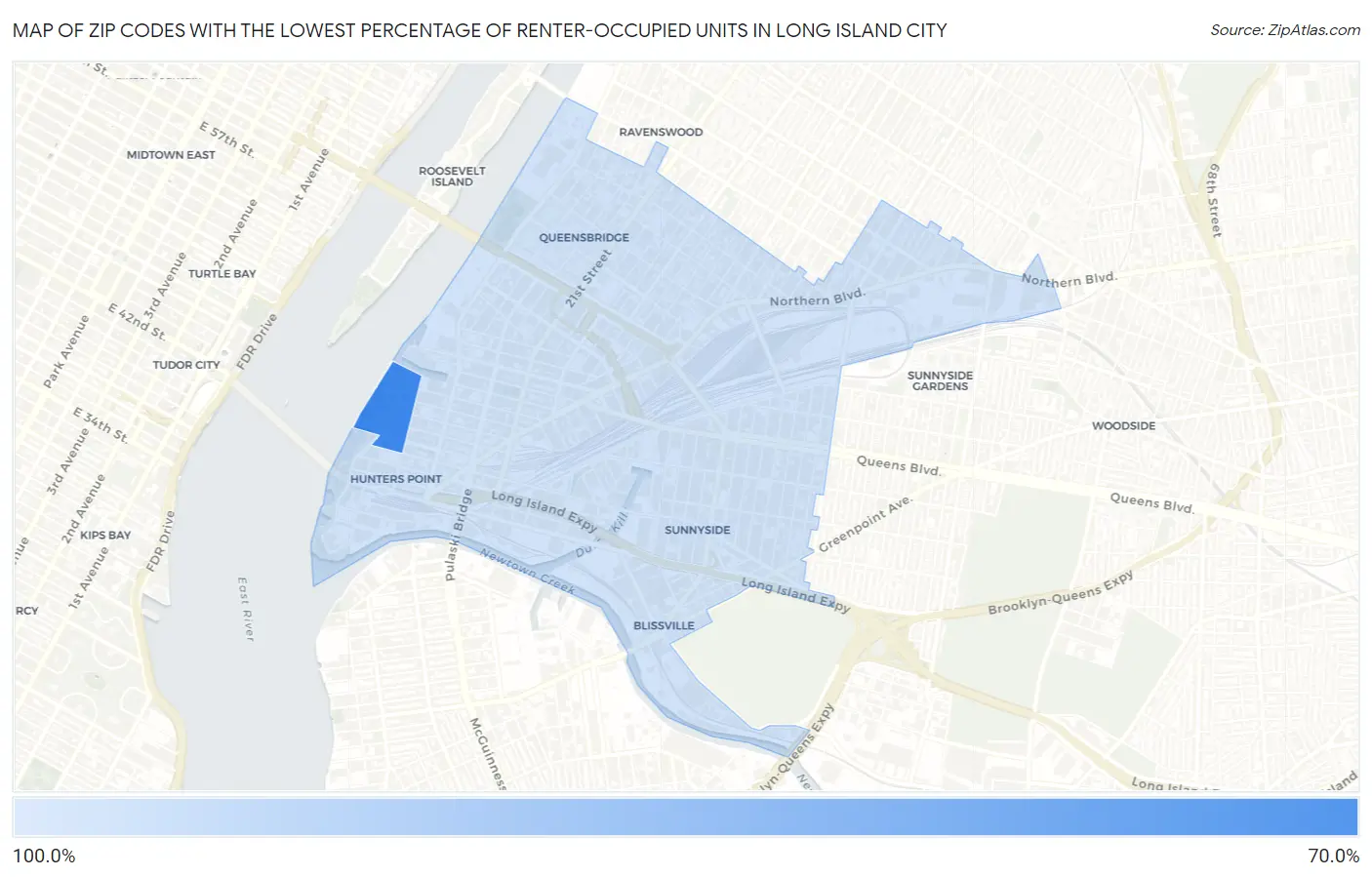 Zip Codes with the Lowest Percentage of Renter-Occupied Units in Long Island City Map