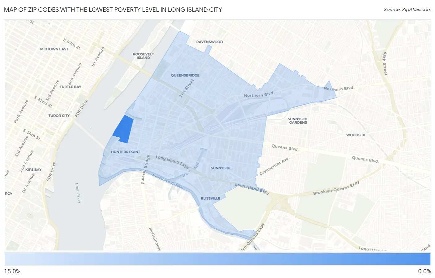 Zip Codes with the Lowest Poverty Level in Long Island City Map