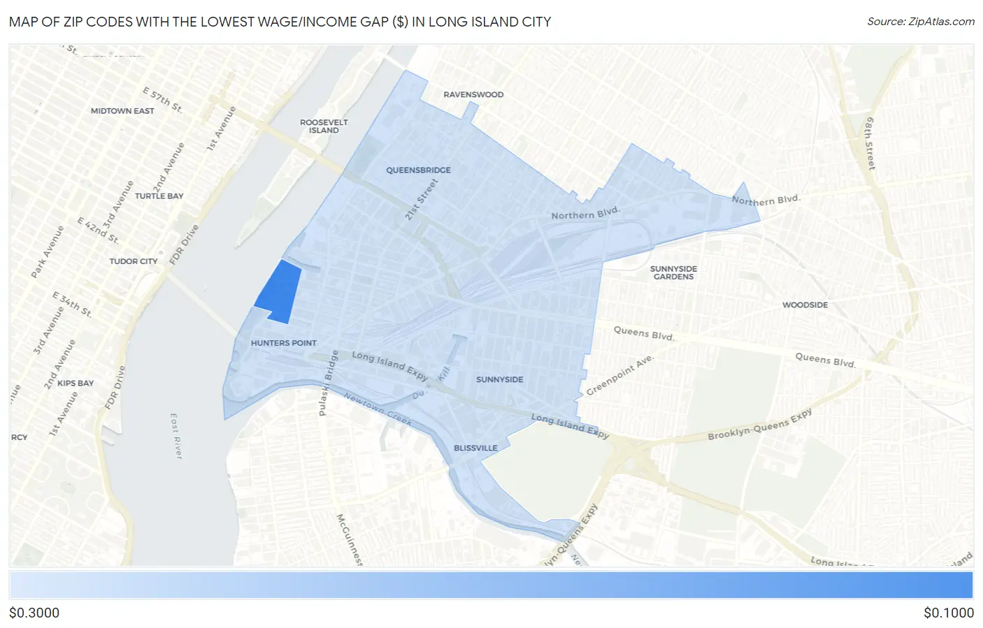 Zip Codes with the Lowest Wage/Income Gap ($) in Long Island City Map