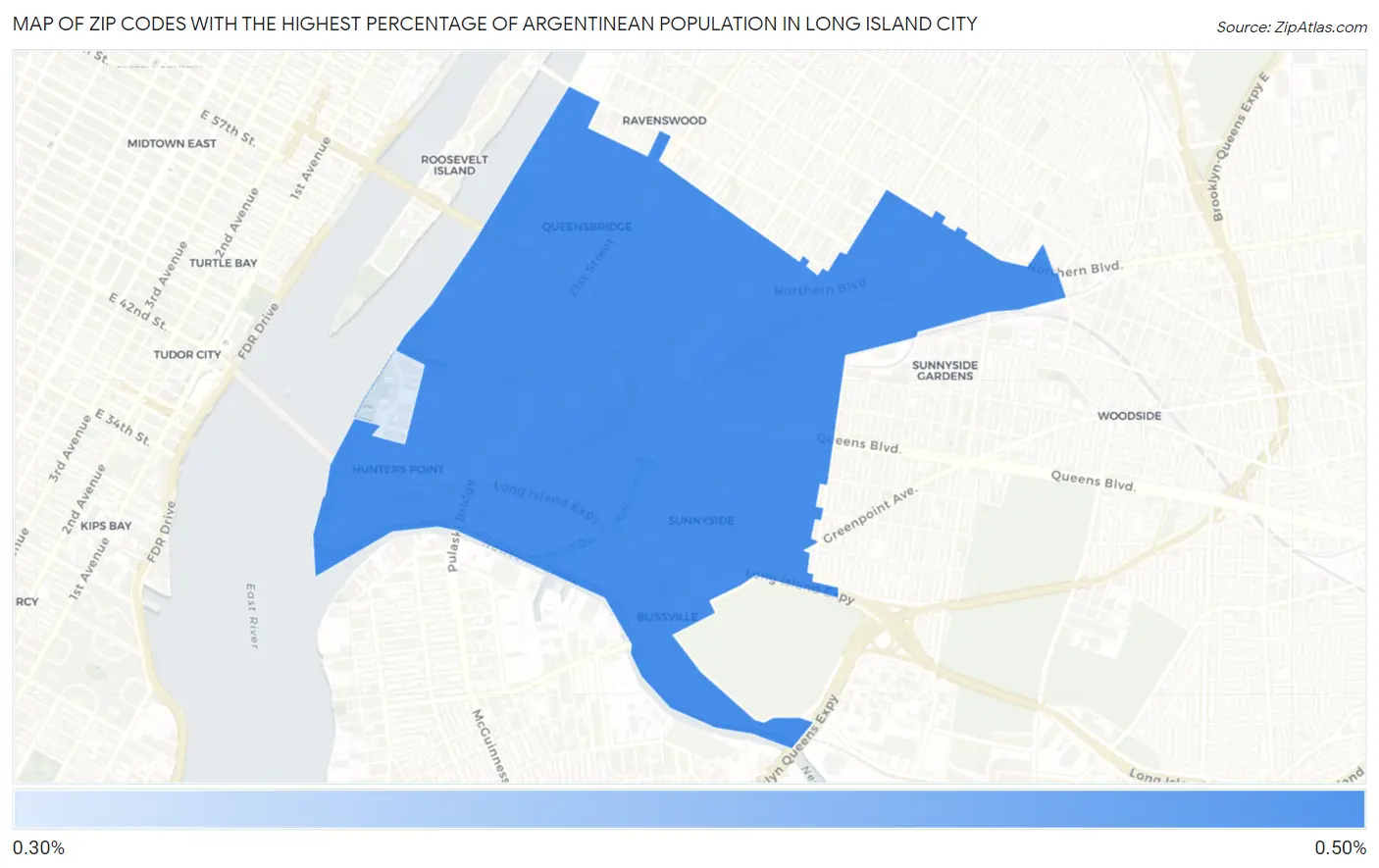 Zip Codes with the Highest Percentage of Argentinean Population in Long Island City Map