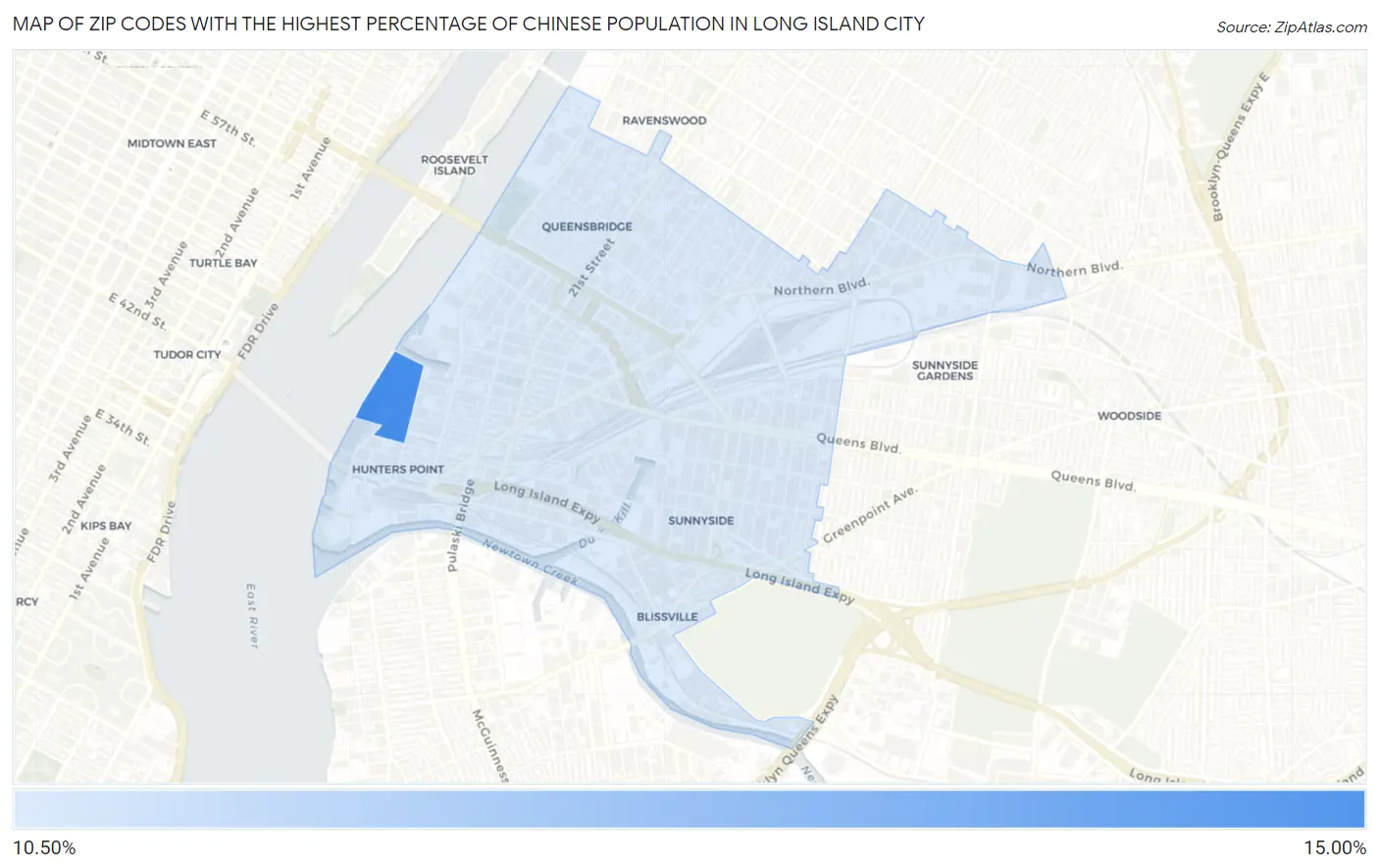 Zip Codes with the Highest Percentage of Chinese Population in Long Island City Map
