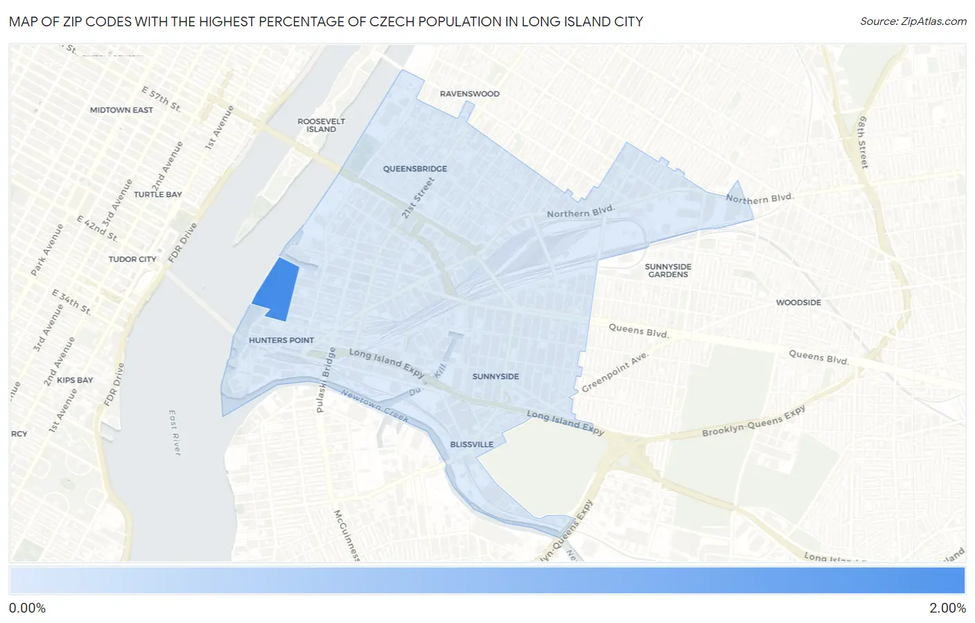 Zip Codes with the Highest Percentage of Czech Population in Long Island City Map