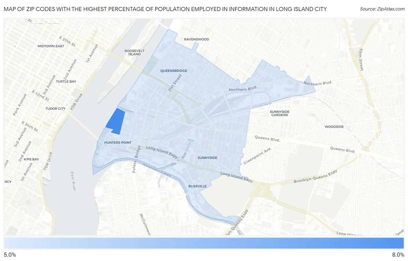 Zip Codes with the Highest Percentage of Population Employed in Information in Long Island City Map