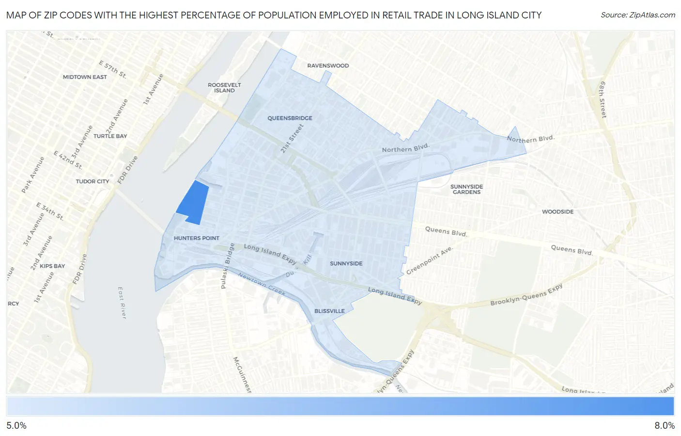 Zip Codes with the Highest Percentage of Population Employed in Retail Trade in Long Island City Map