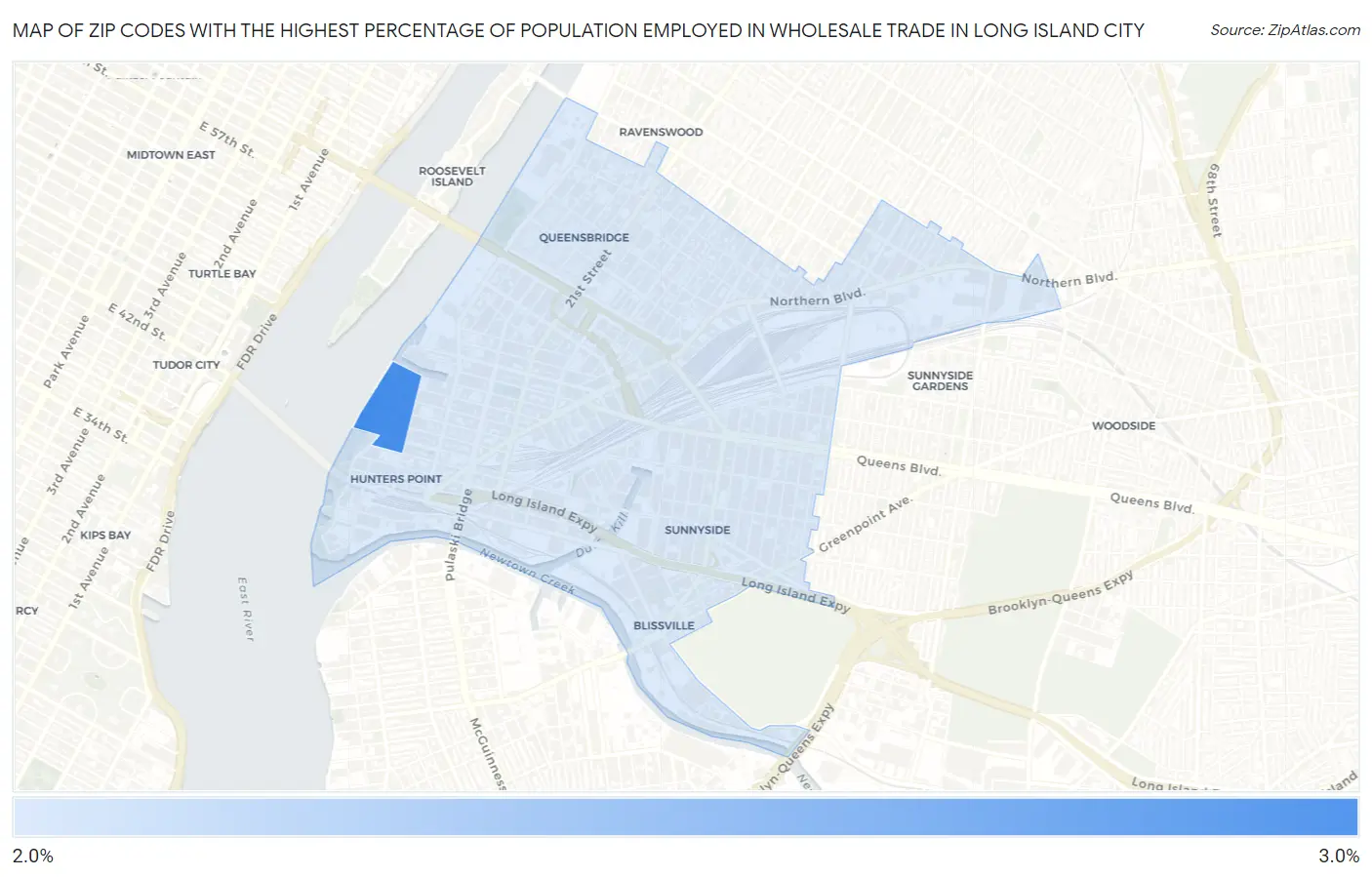 Zip Codes with the Highest Percentage of Population Employed in Wholesale Trade in Long Island City Map