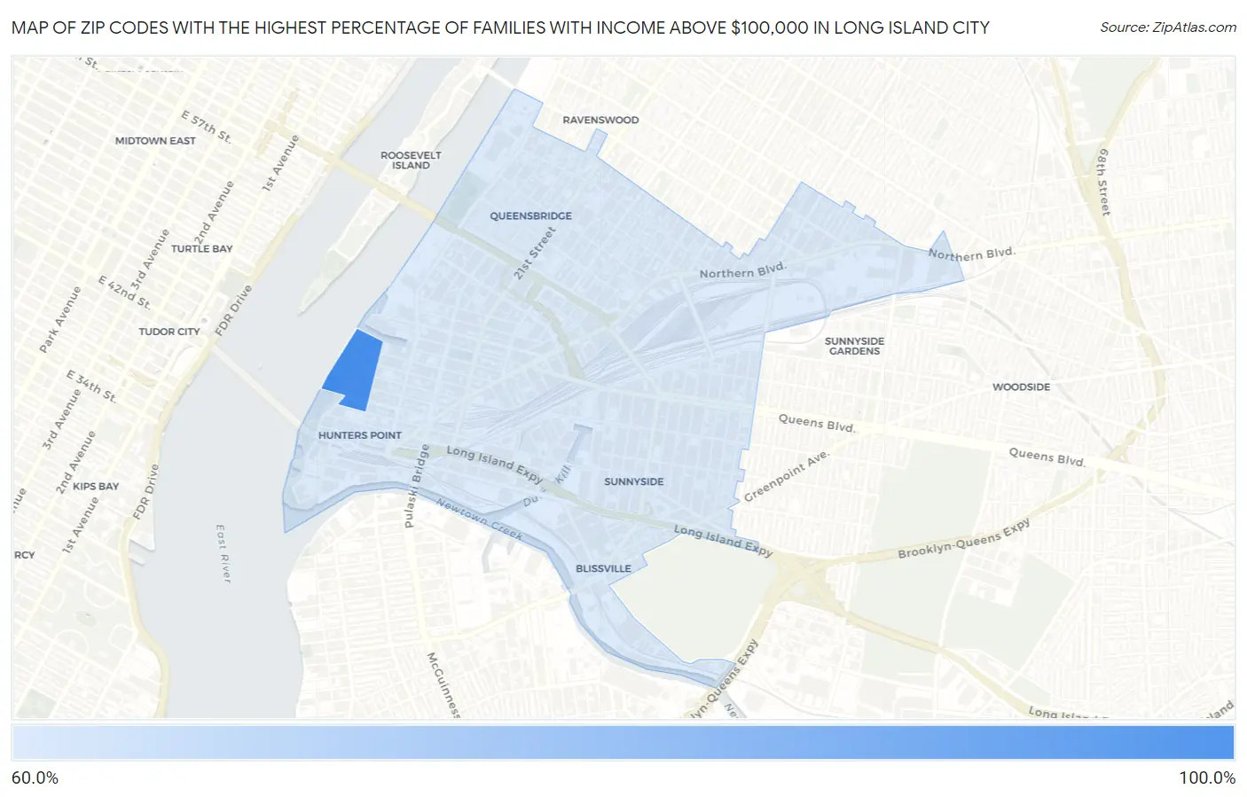 Zip Codes with the Highest Percentage of Families with Income Above $100,000 in Long Island City Map