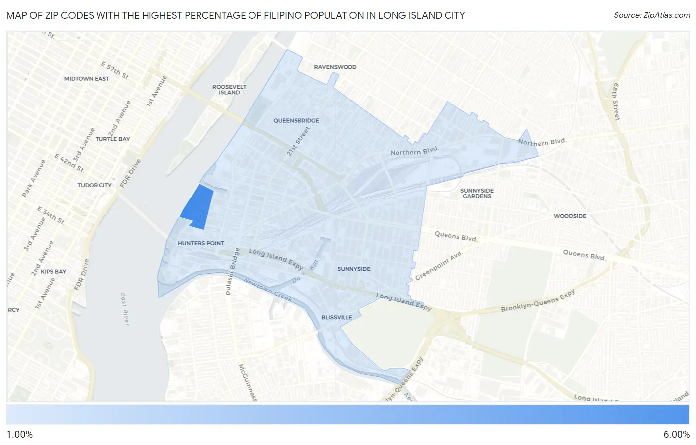 Zip Codes with the Highest Percentage of Filipino Population in Long Island City Map