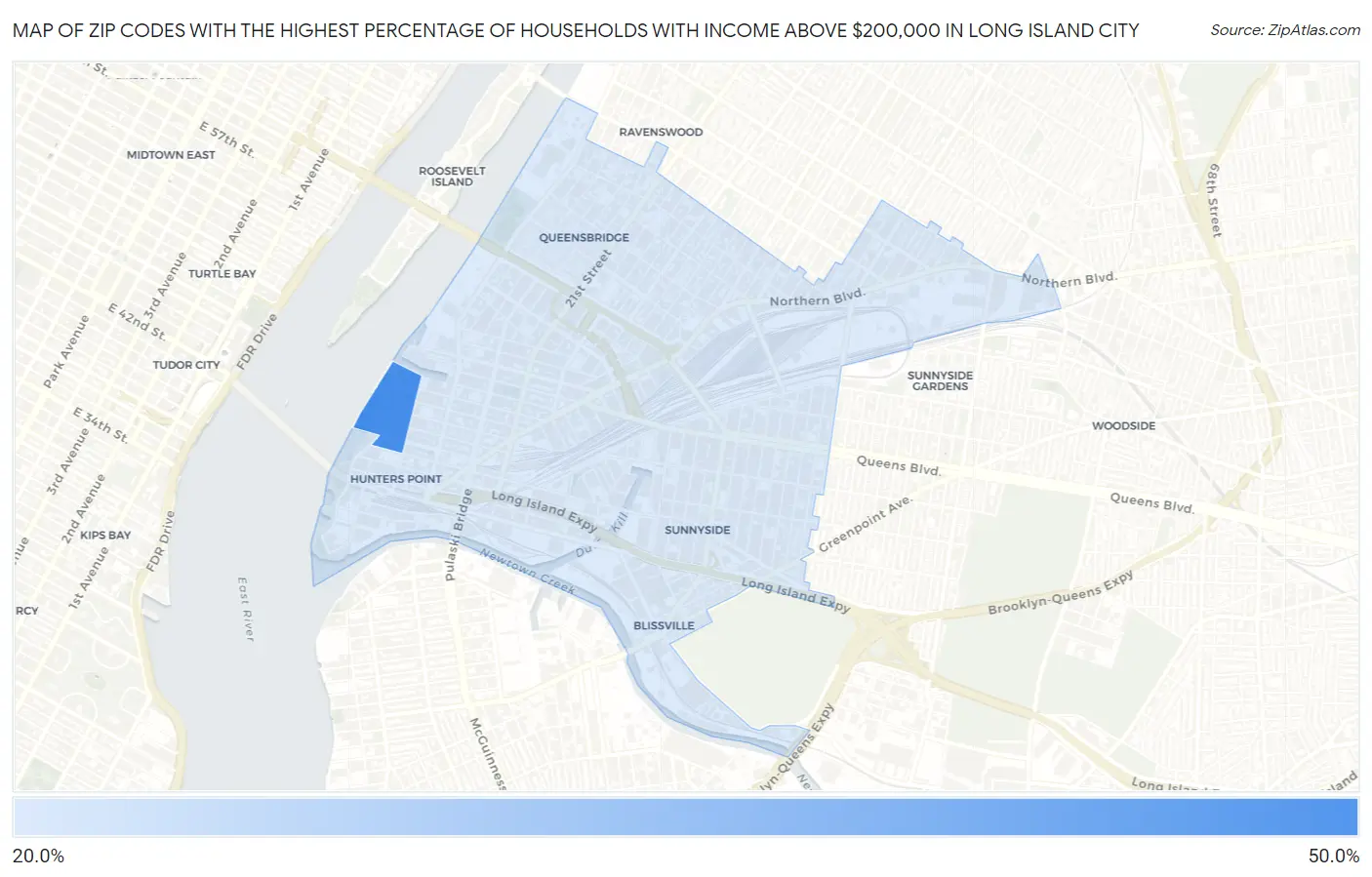 Zip Codes with the Highest Percentage of Households with Income Above $200,000 in Long Island City Map