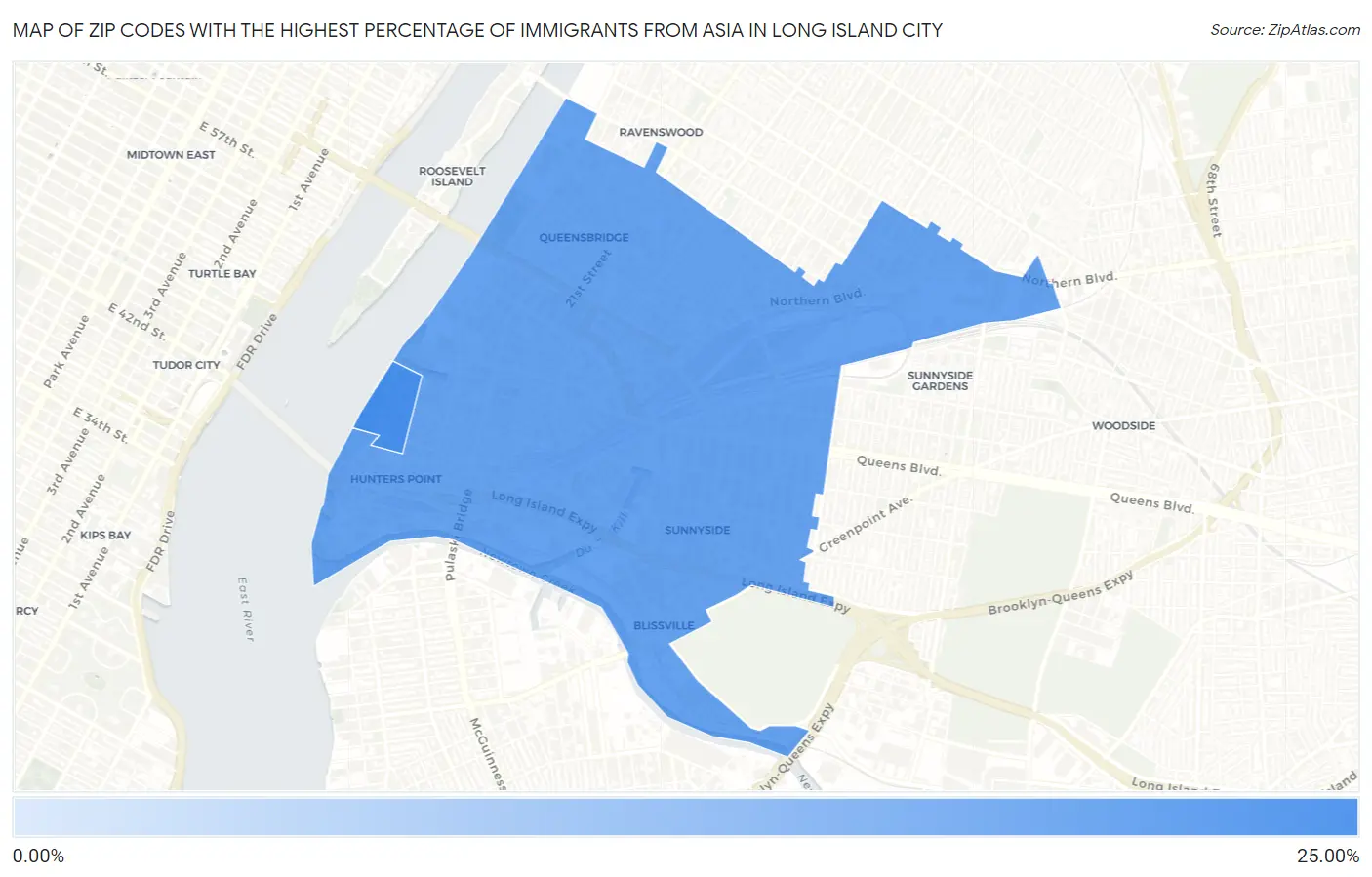 Zip Codes with the Highest Percentage of Immigrants from Asia in Long Island City Map