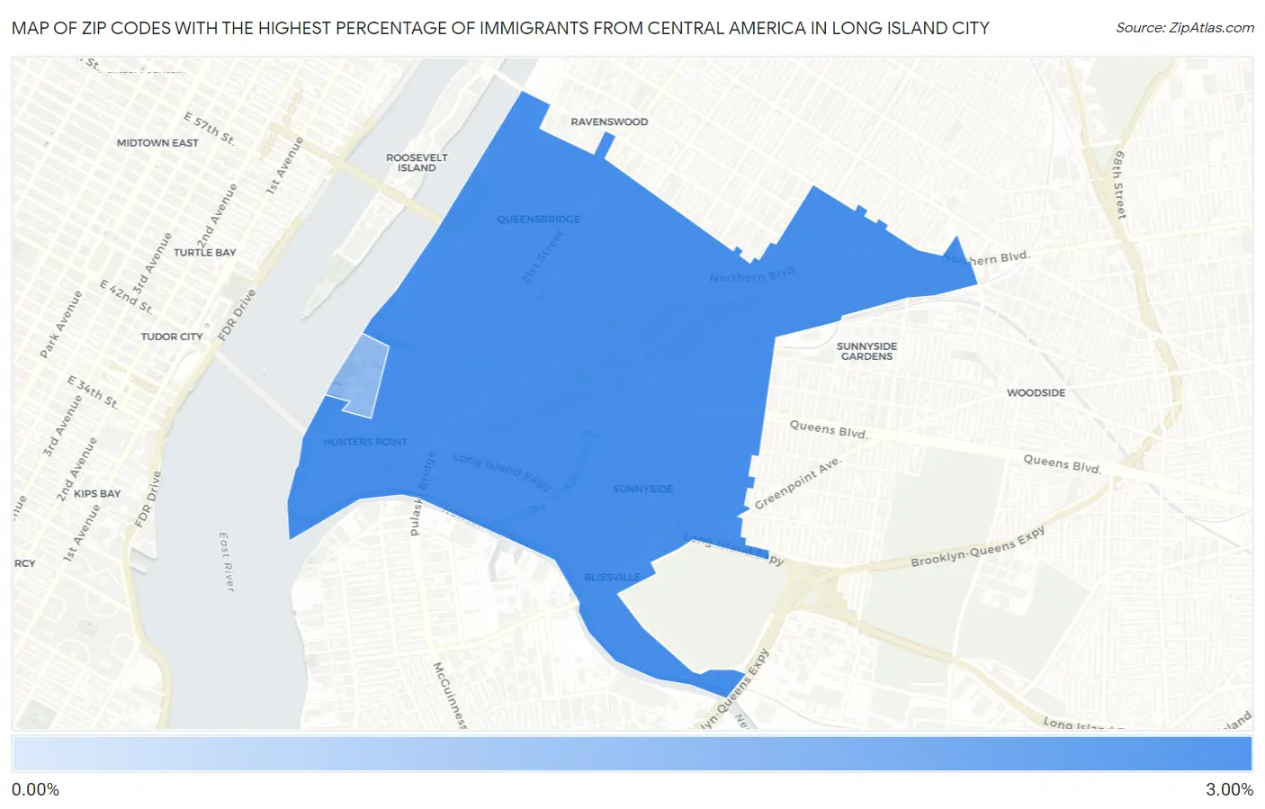 Zip Codes with the Highest Percentage of Immigrants from Central America in Long Island City Map
