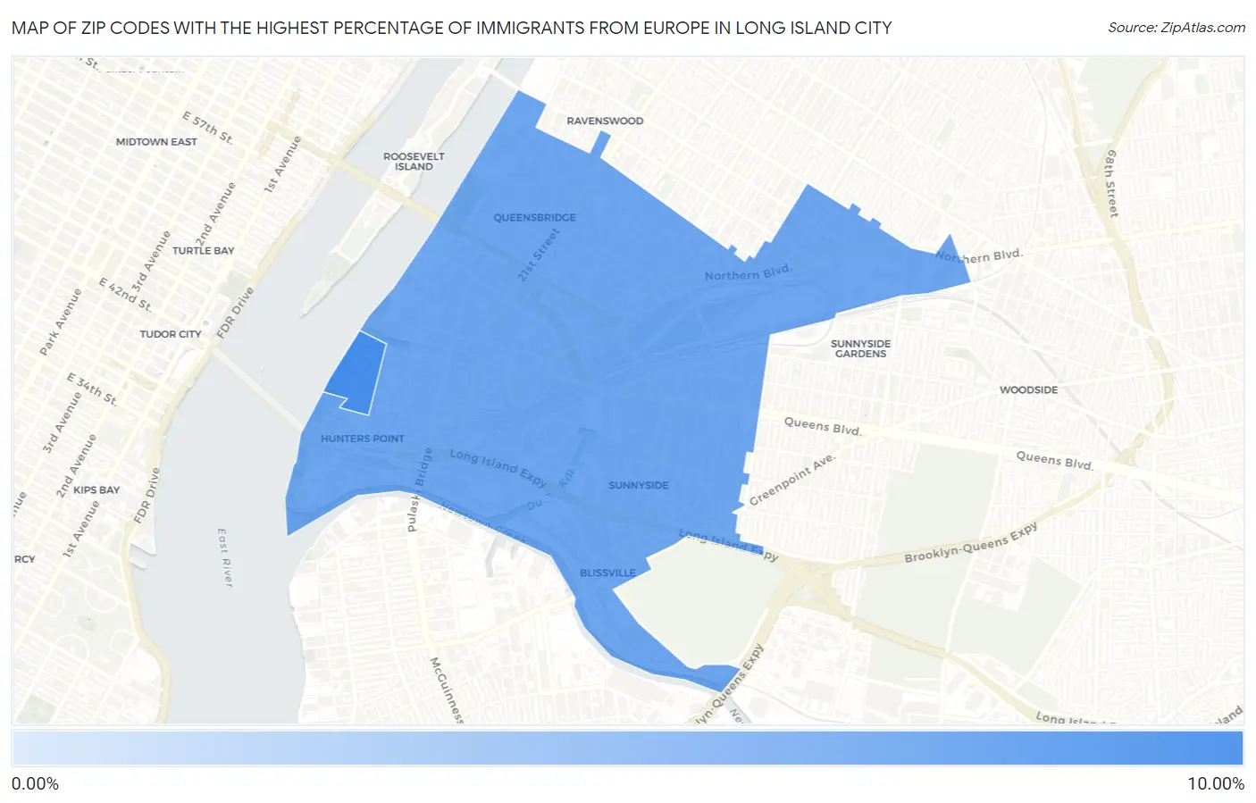 Zip Codes with the Highest Percentage of Immigrants from Europe in Long Island City Map