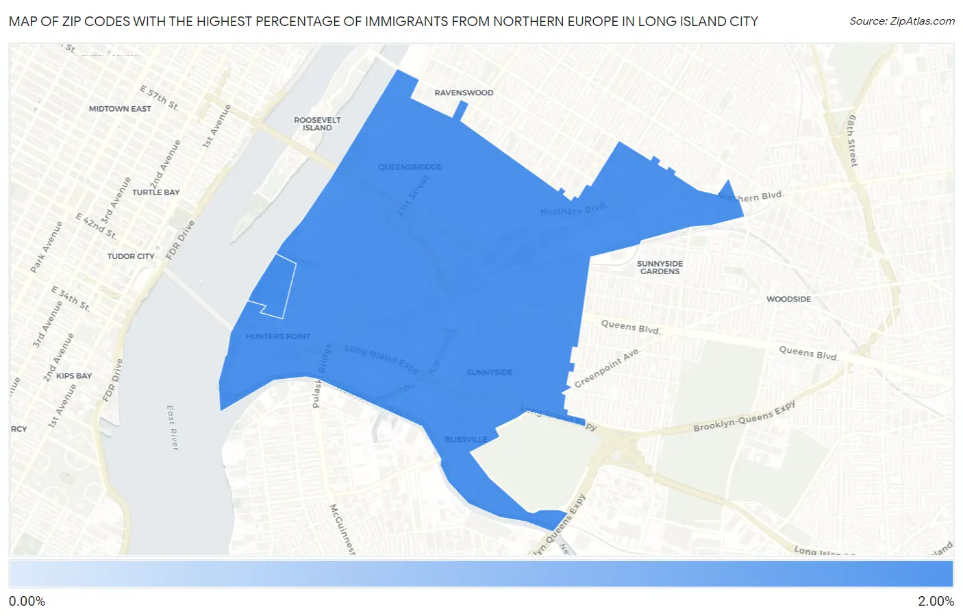 Zip Codes with the Highest Percentage of Immigrants from Northern Europe in Long Island City Map