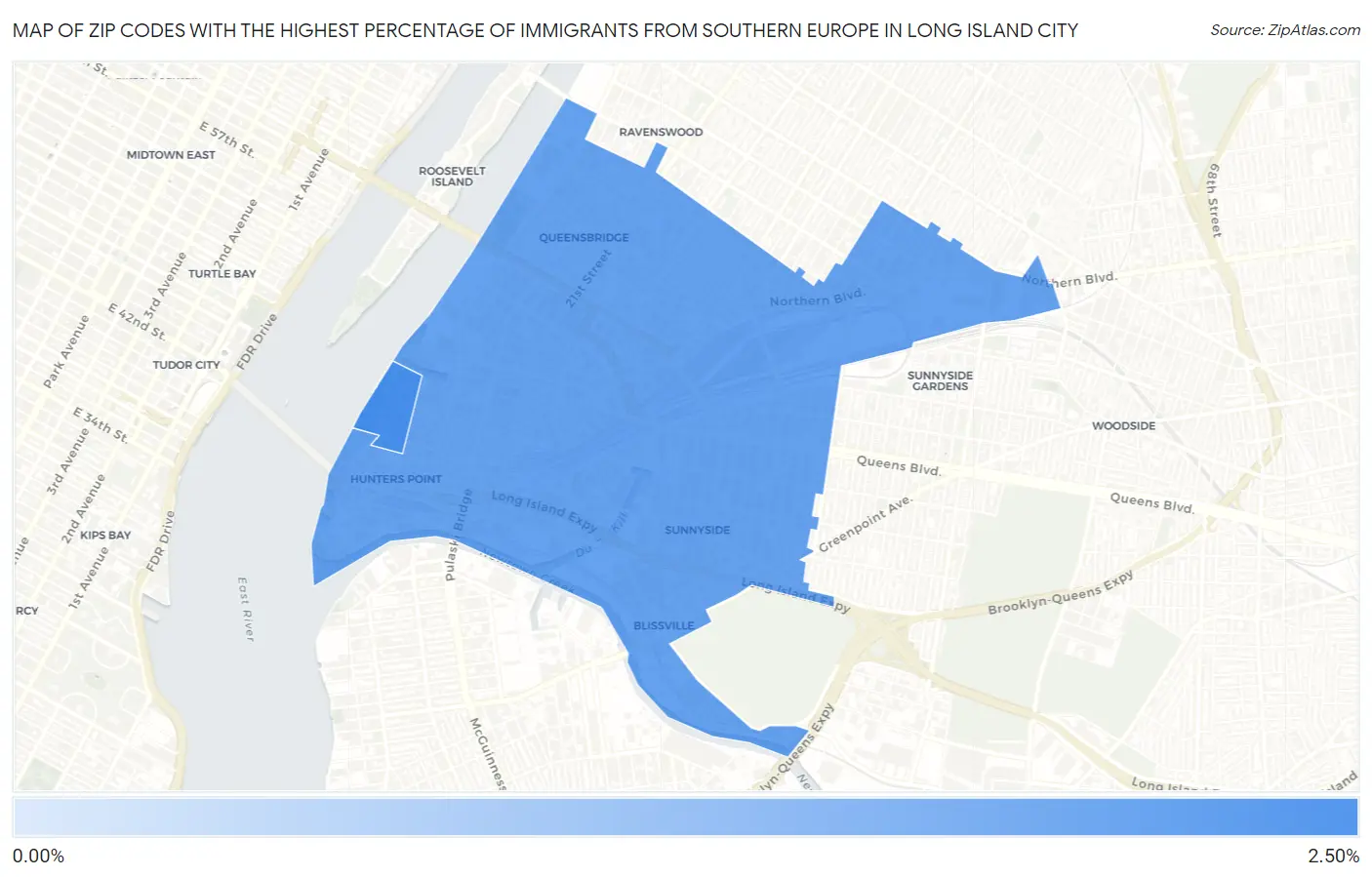 Zip Codes with the Highest Percentage of Immigrants from Southern Europe in Long Island City Map