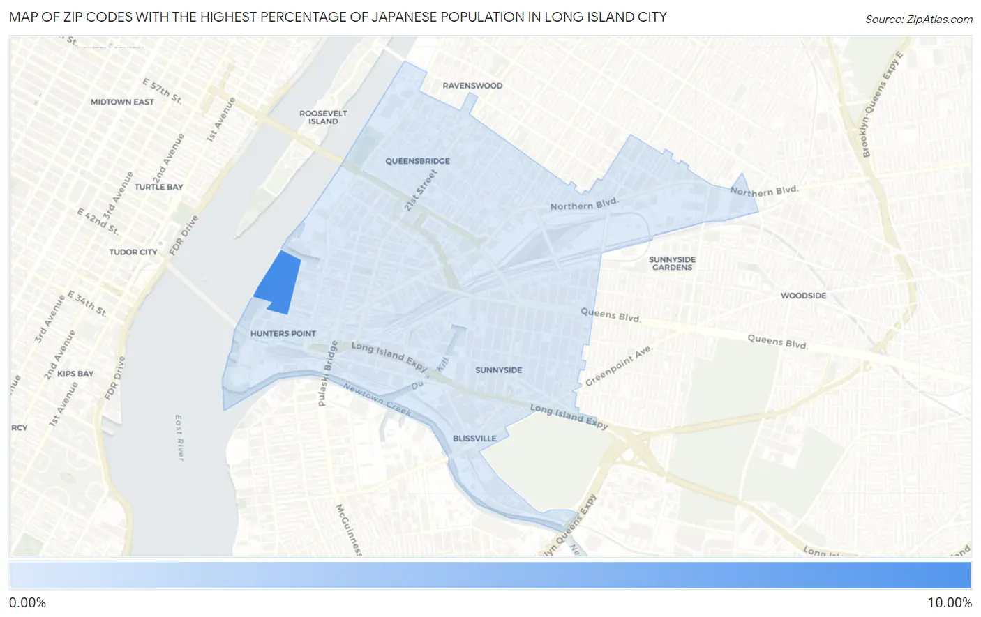 Zip Codes with the Highest Percentage of Japanese Population in Long Island City Map