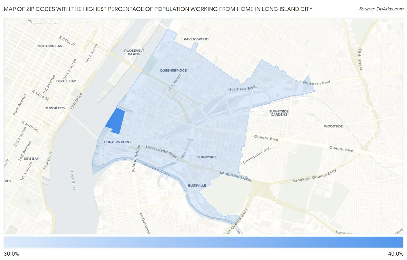 Zip Codes with the Highest Percentage of Population Working from Home in Long Island City Map