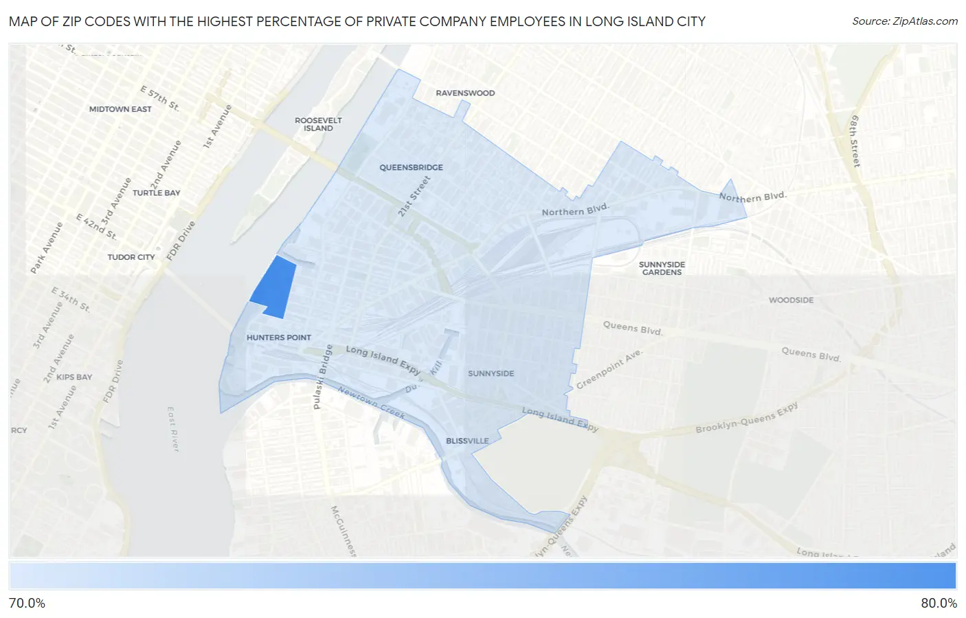 Zip Codes with the Highest Percentage of Private Company Employees in Long Island City Map