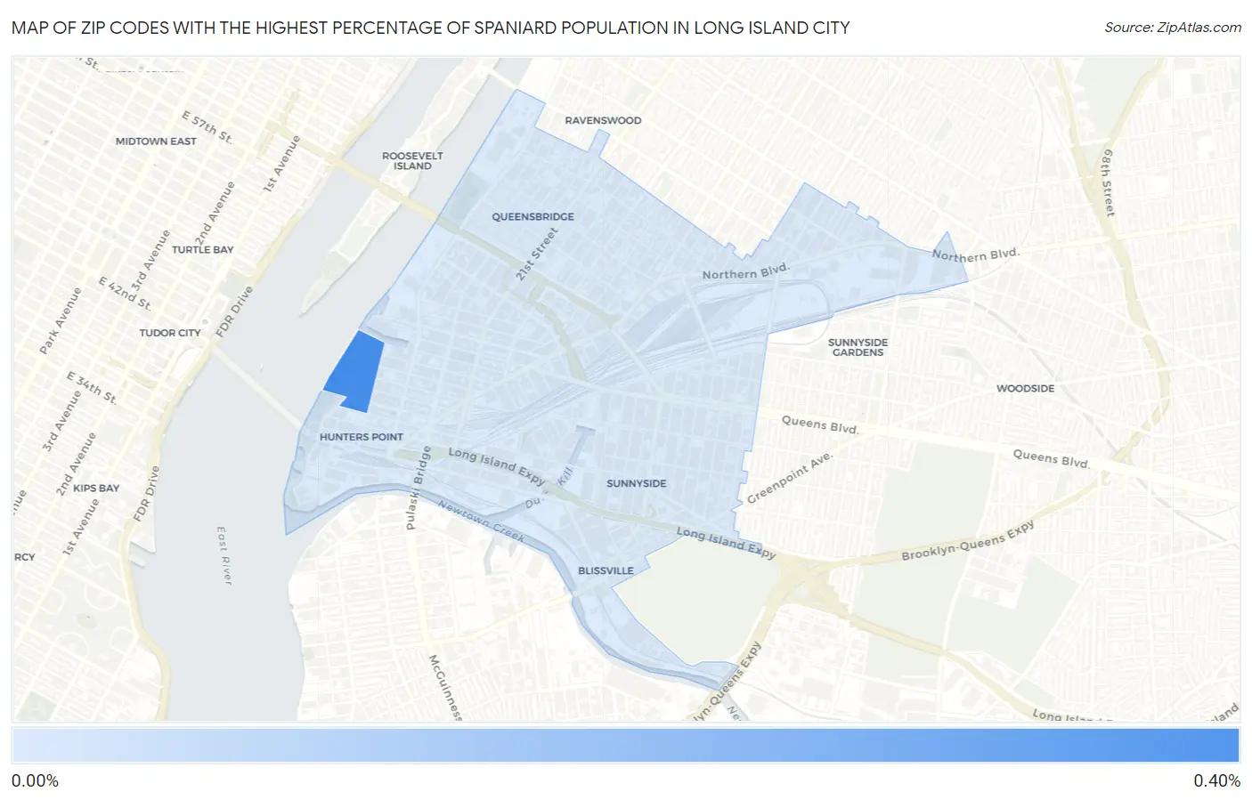 Zip Codes with the Highest Percentage of Spaniard Population in Long Island City Map