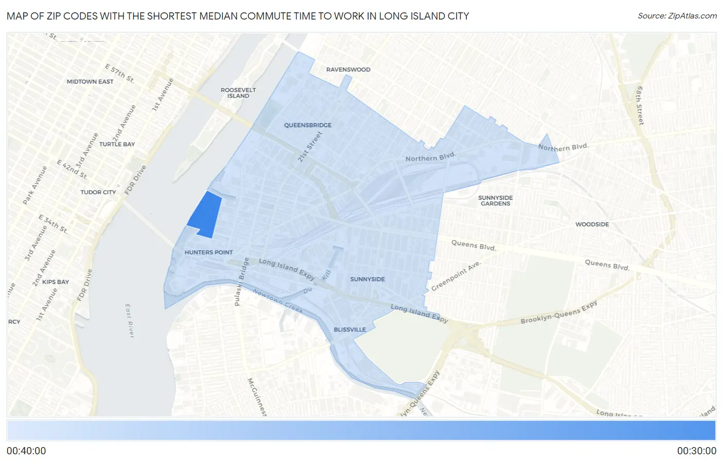 Zip Codes with the Shortest Median Commute Time to Work in Long Island City Map