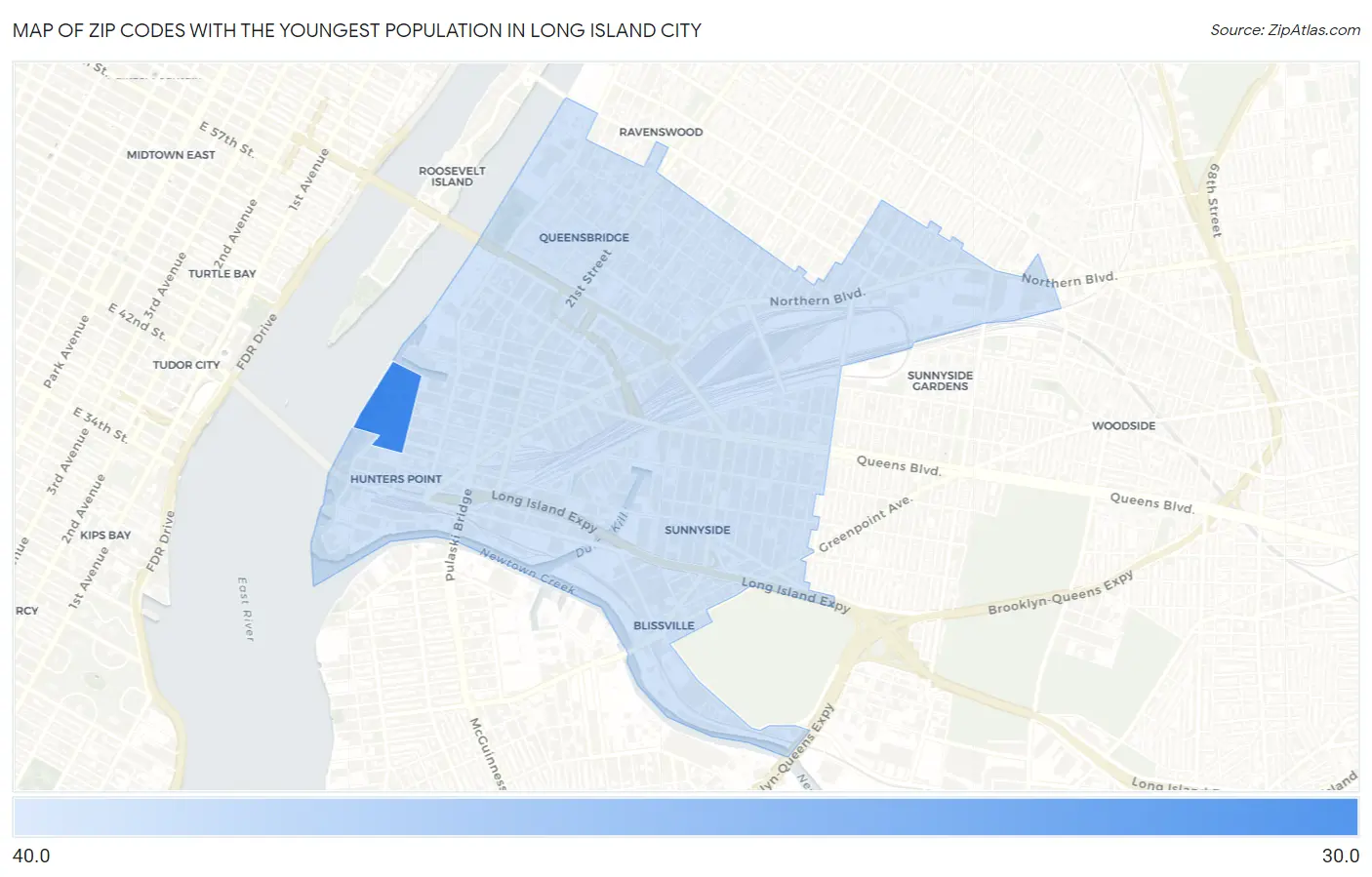 Zip Codes with the Youngest Population in Long Island City Map