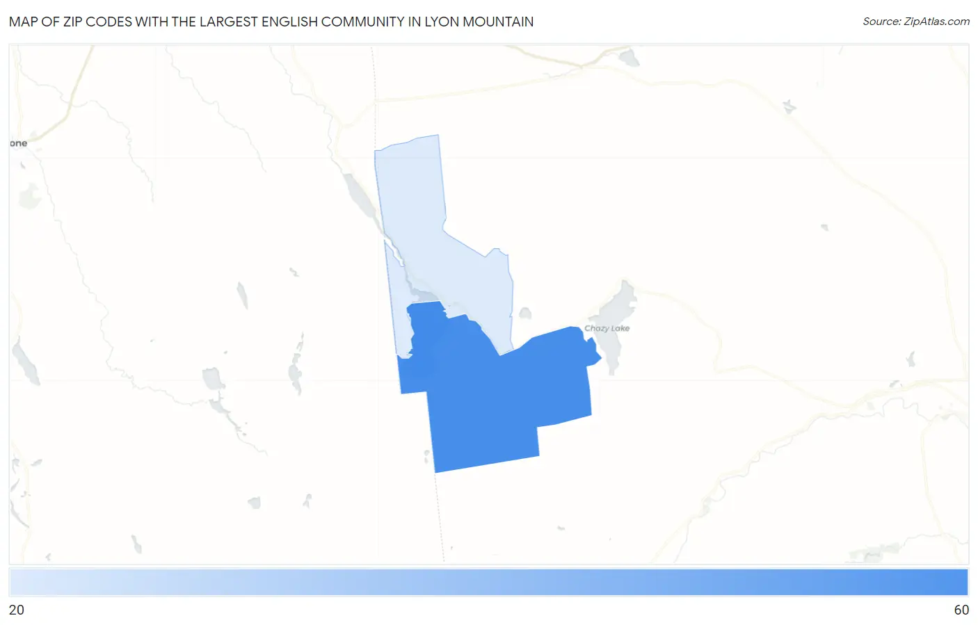 Zip Codes with the Largest English Community in Lyon Mountain Map