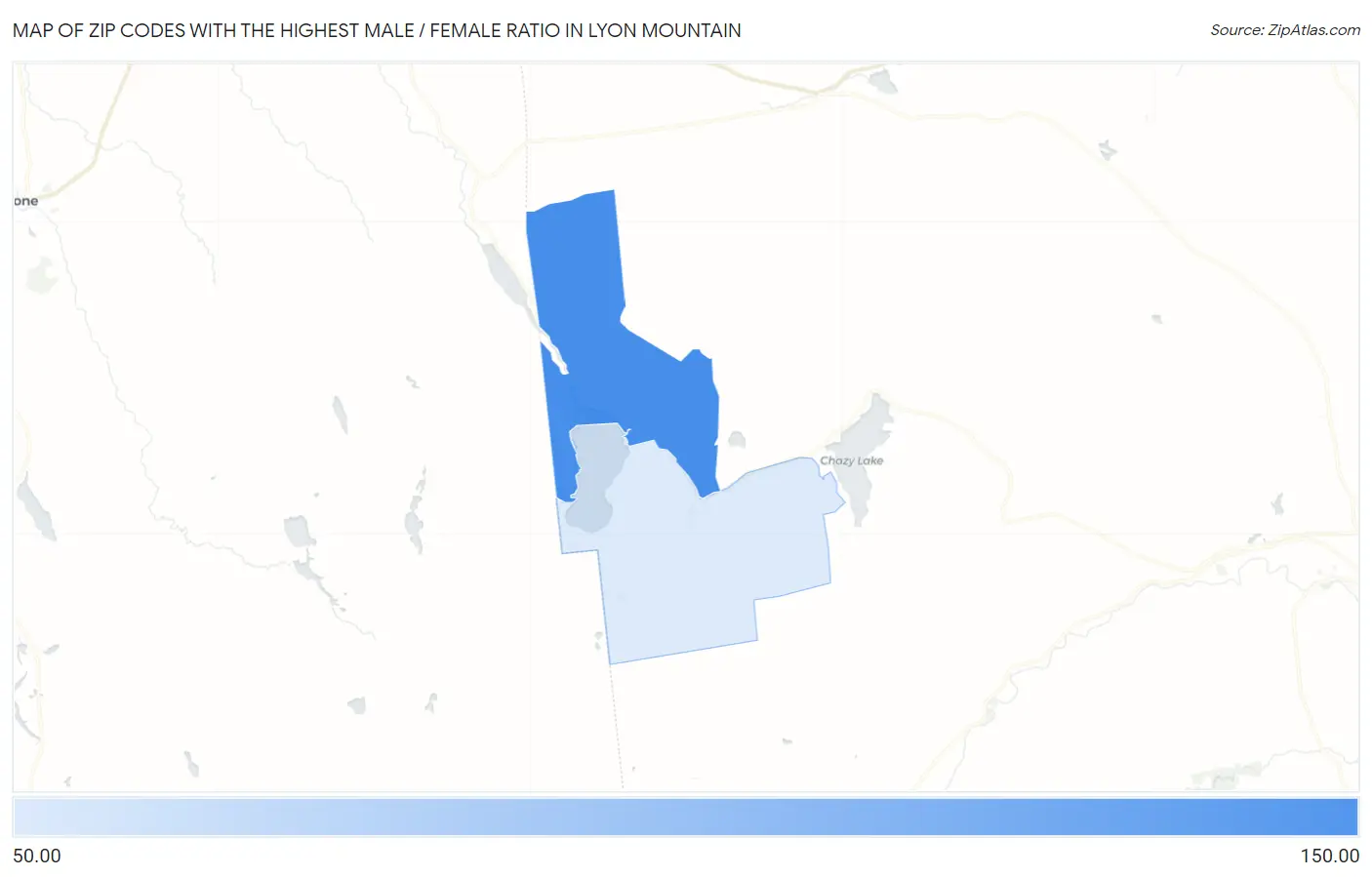 Zip Codes with the Highest Male / Female Ratio in Lyon Mountain Map