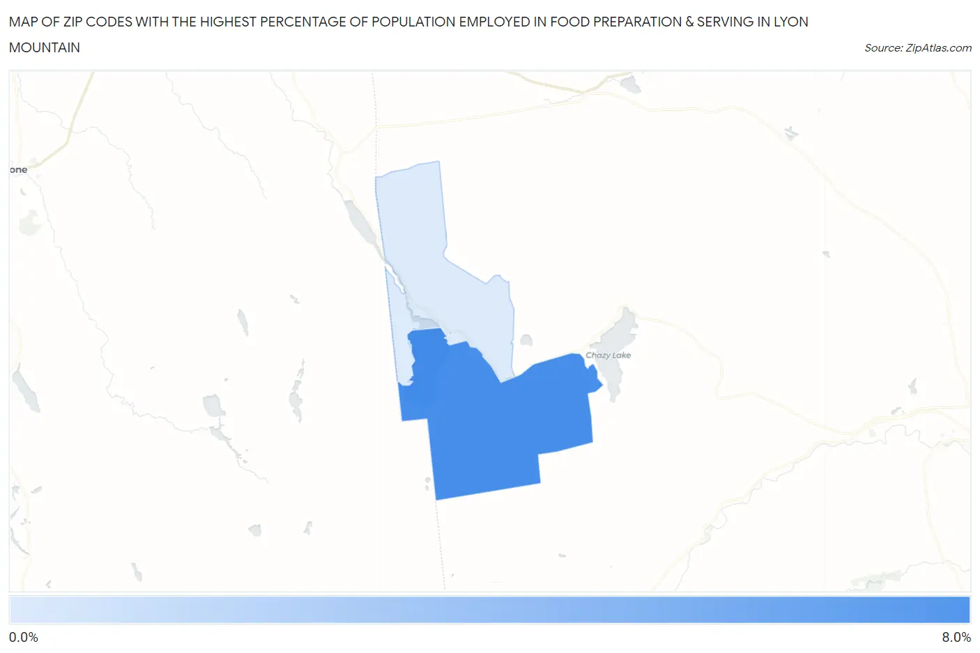 Zip Codes with the Highest Percentage of Population Employed in Food Preparation & Serving in Lyon Mountain Map