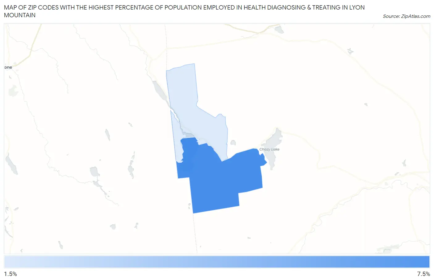 Zip Codes with the Highest Percentage of Population Employed in Health Diagnosing & Treating in Lyon Mountain Map