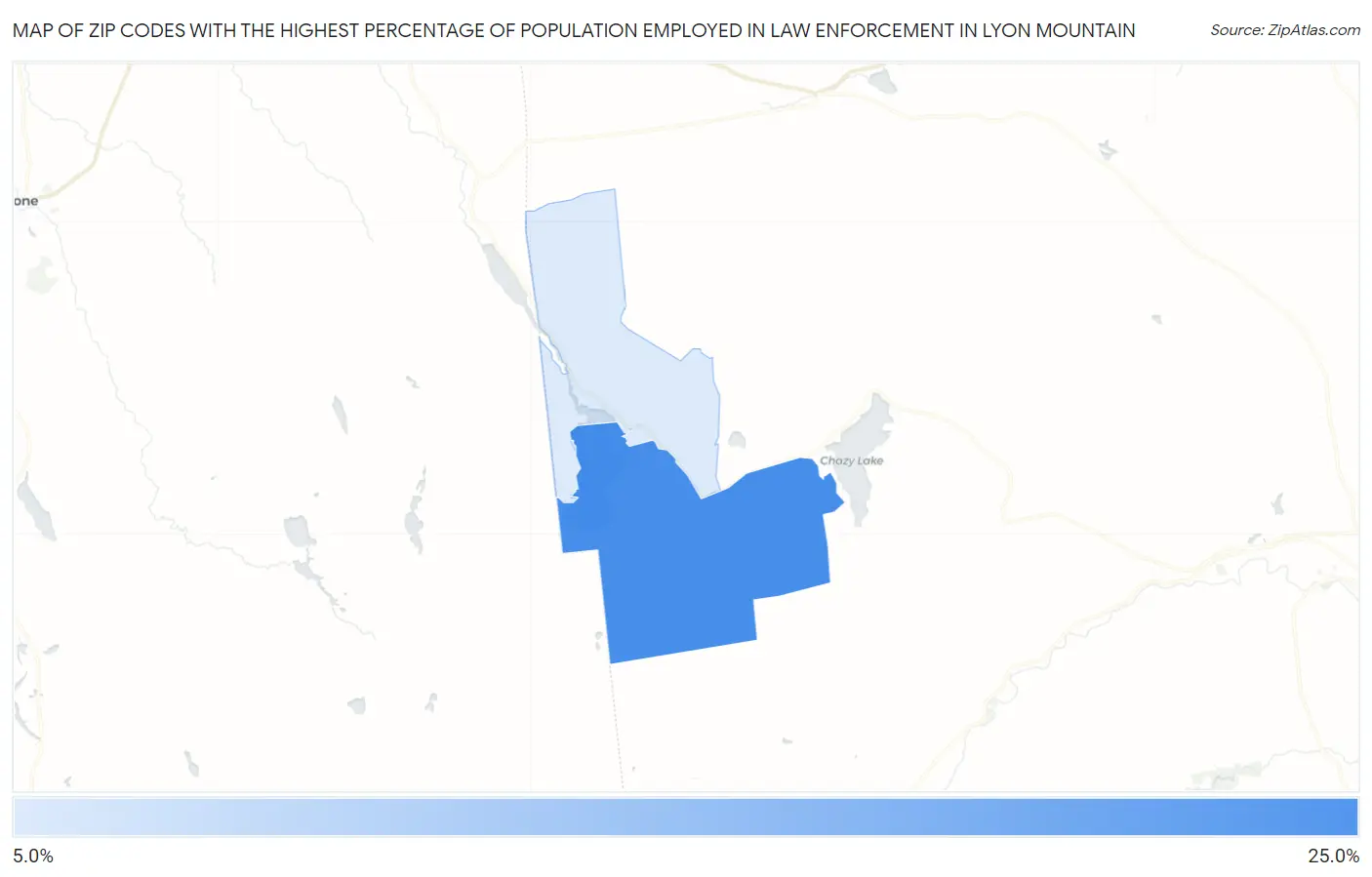 Zip Codes with the Highest Percentage of Population Employed in Law Enforcement in Lyon Mountain Map