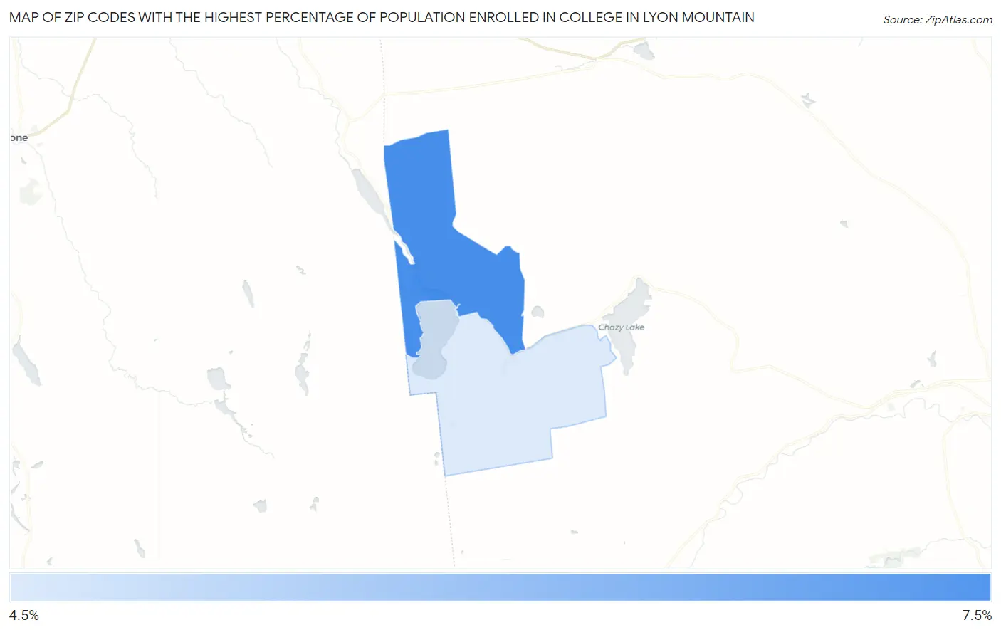 Zip Codes with the Highest Percentage of Population Enrolled in College in Lyon Mountain Map