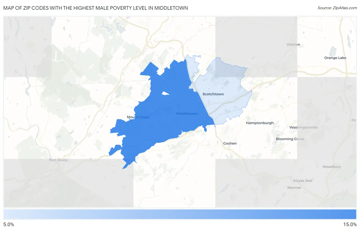 Zip Codes with the Highest Male Poverty Level in Middletown Map
