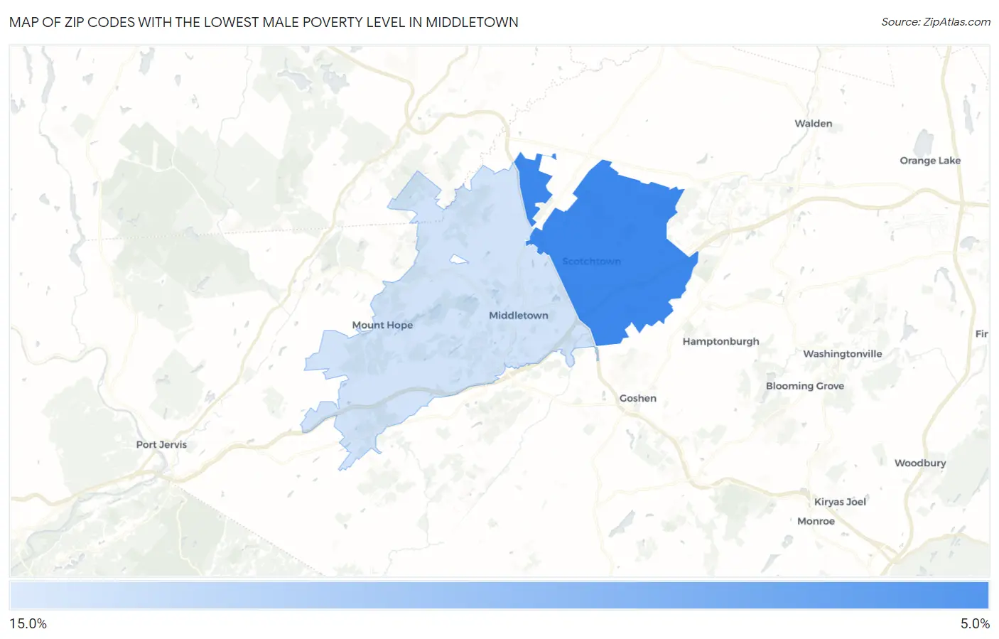 Zip Codes with the Lowest Male Poverty Level in Middletown Map