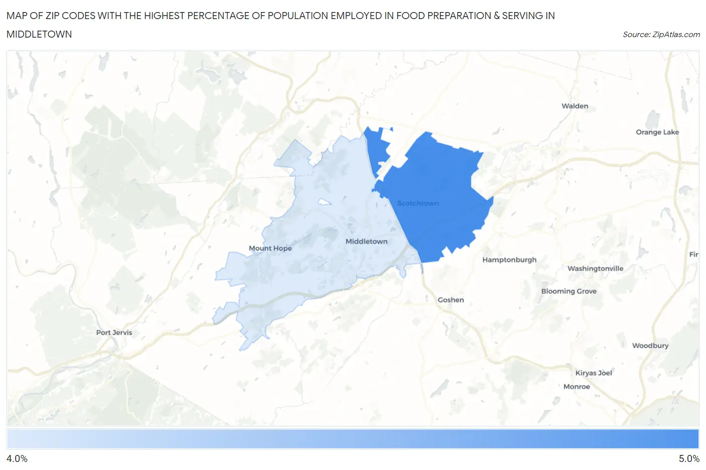 Zip Codes with the Highest Percentage of Population Employed in Food Preparation & Serving in Middletown Map