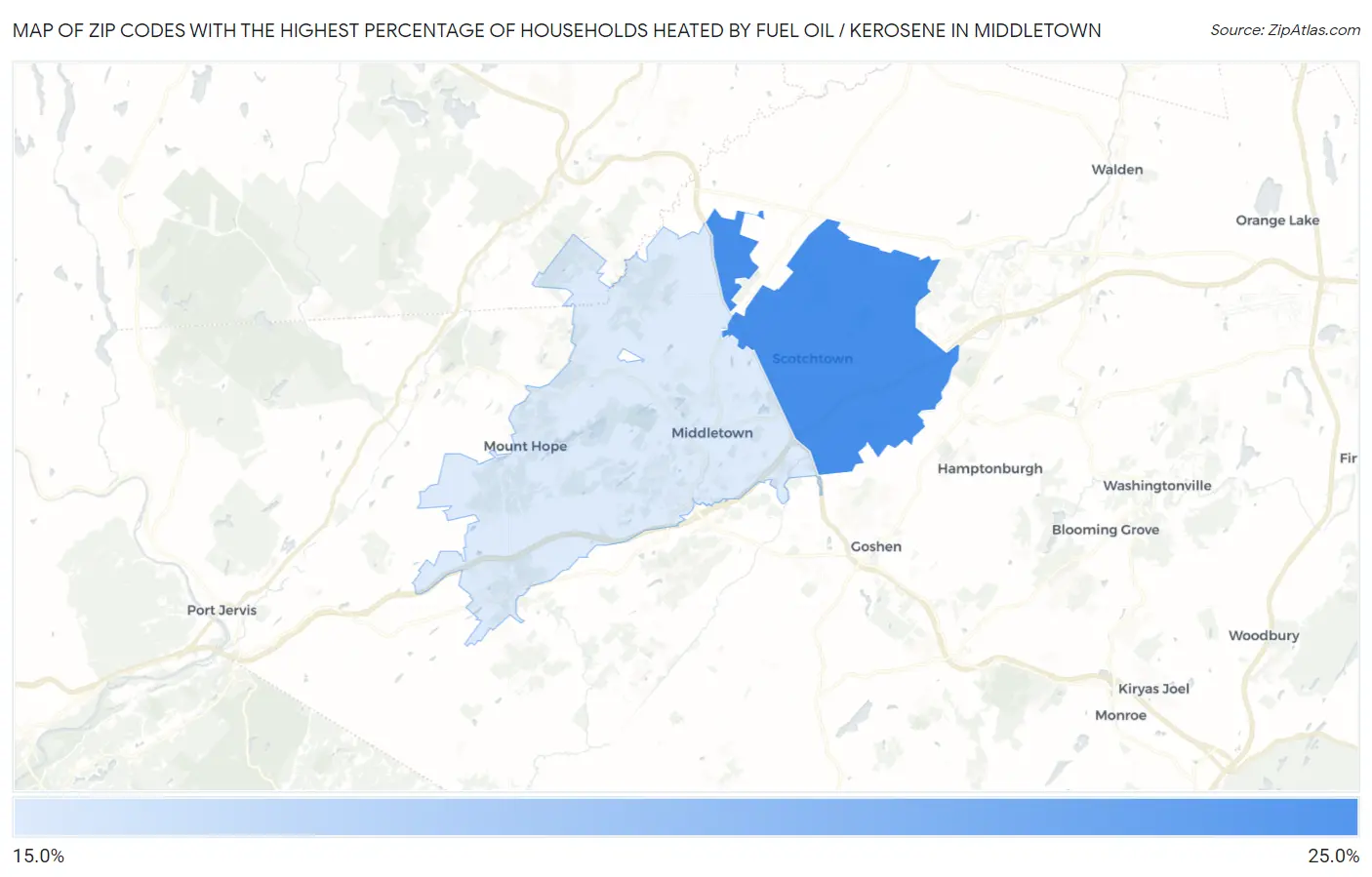 Zip Codes with the Highest Percentage of Households Heated by Fuel Oil / Kerosene in Middletown Map