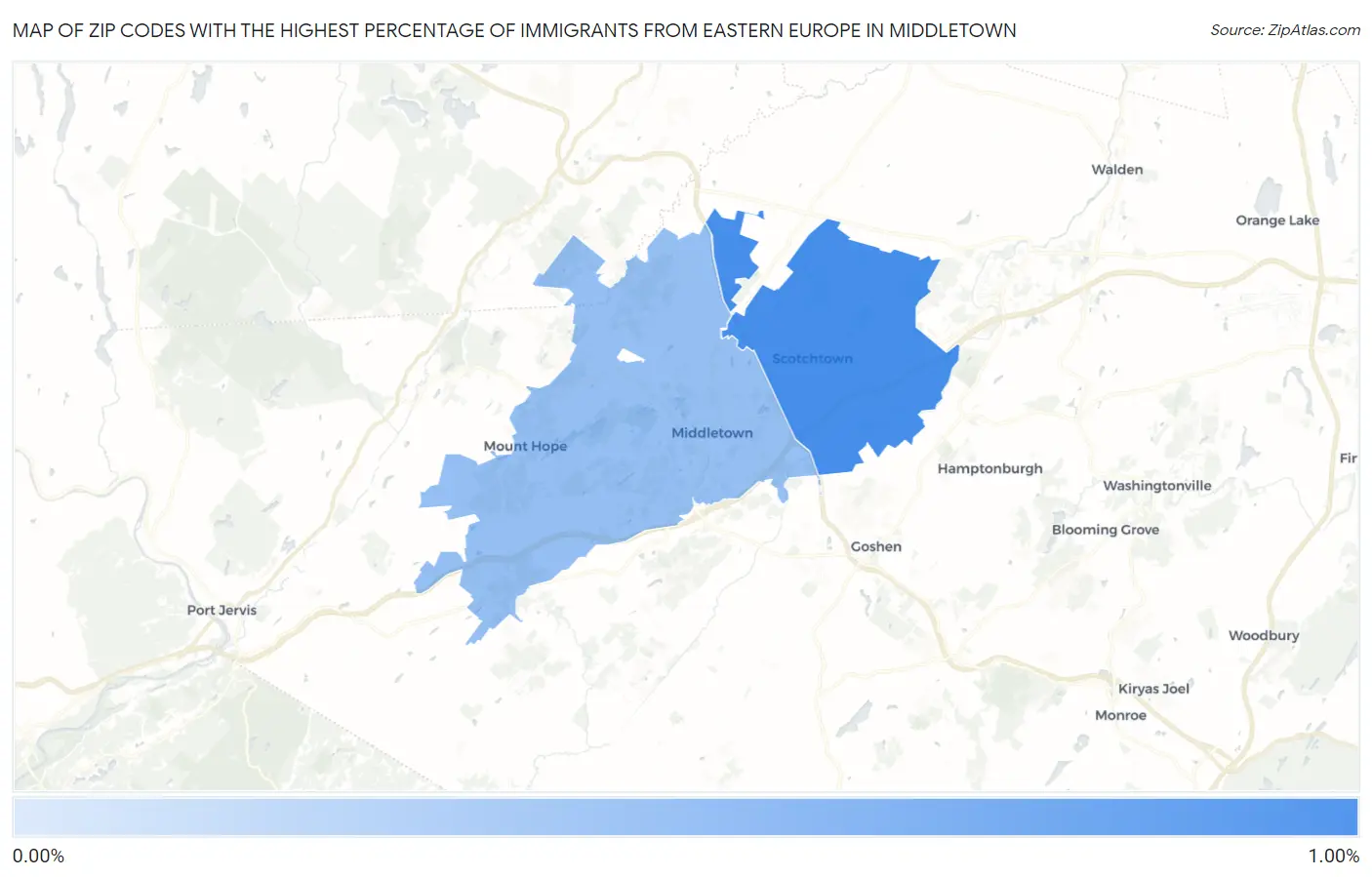 Zip Codes with the Highest Percentage of Immigrants from Eastern Europe in Middletown Map