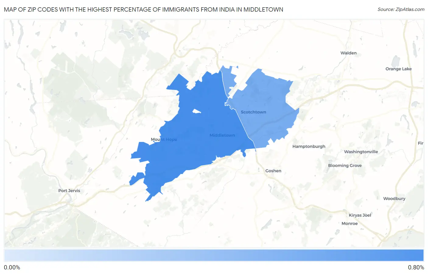 Zip Codes with the Highest Percentage of Immigrants from India in Middletown Map