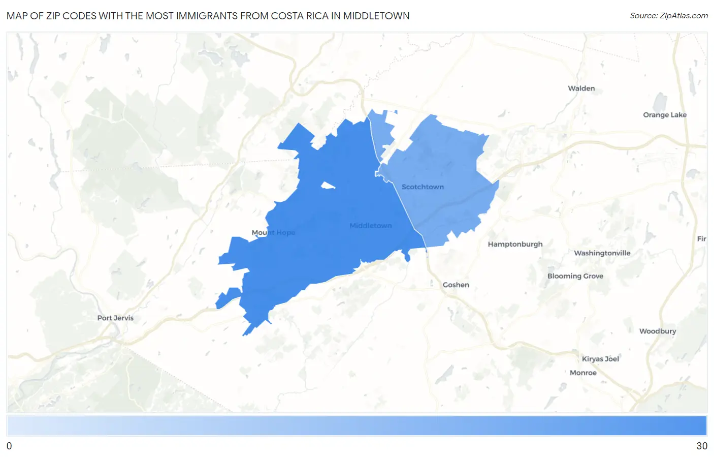 Zip Codes with the Most Immigrants from Costa Rica in Middletown Map