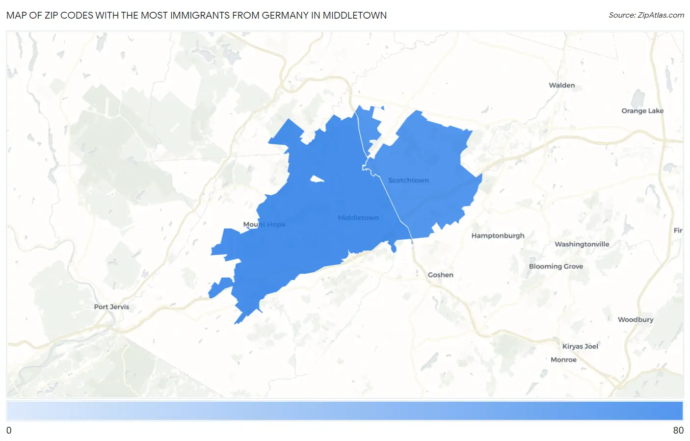 Zip Codes with the Most Immigrants from Germany in Middletown Map