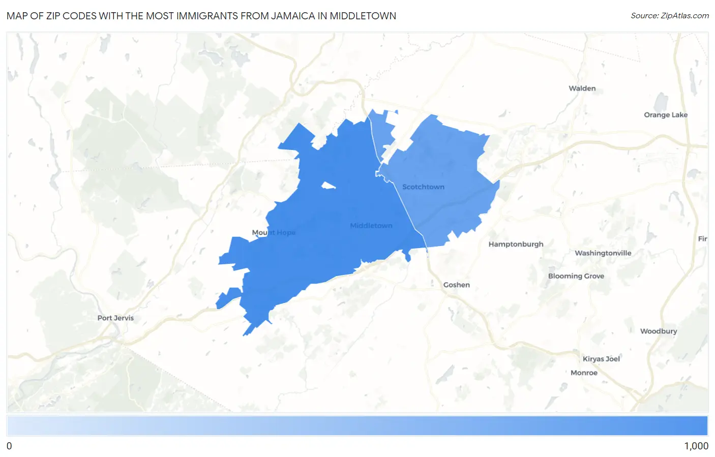 Zip Codes with the Most Immigrants from Jamaica in Middletown Map