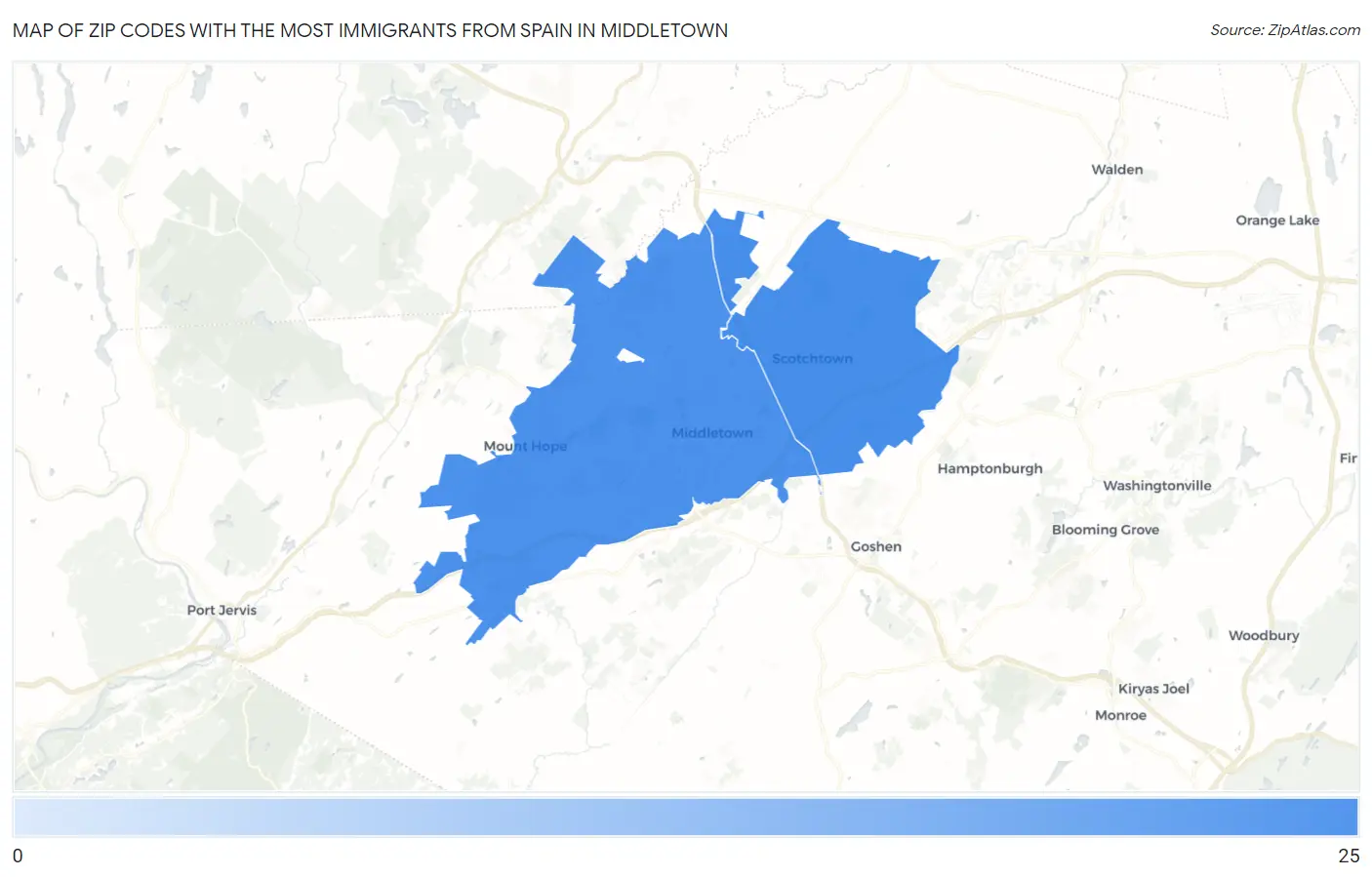 Zip Codes with the Most Immigrants from Spain in Middletown Map