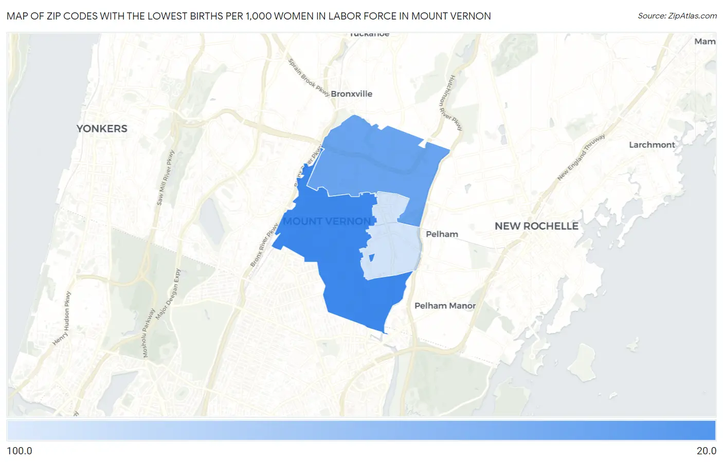 Zip Codes with the Lowest Births per 1,000 Women in Labor Force in Mount Vernon Map
