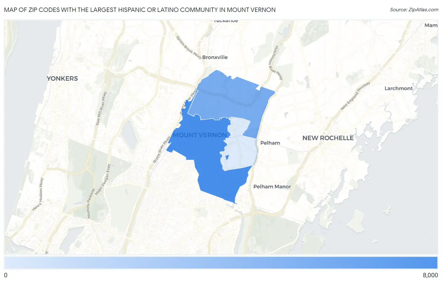 Zip Codes with the Largest Hispanic or Latino Community in Mount Vernon Map