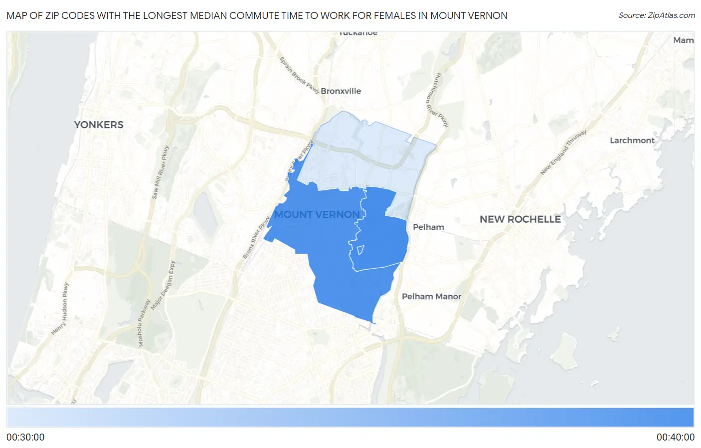 Zip Codes with the Longest Median Commute Time to Work for Females in Mount Vernon Map
