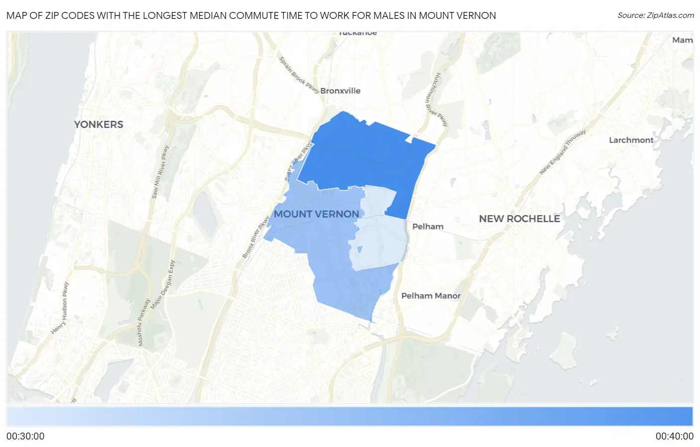 Zip Codes with the Longest Median Commute Time to Work for Males in Mount Vernon Map