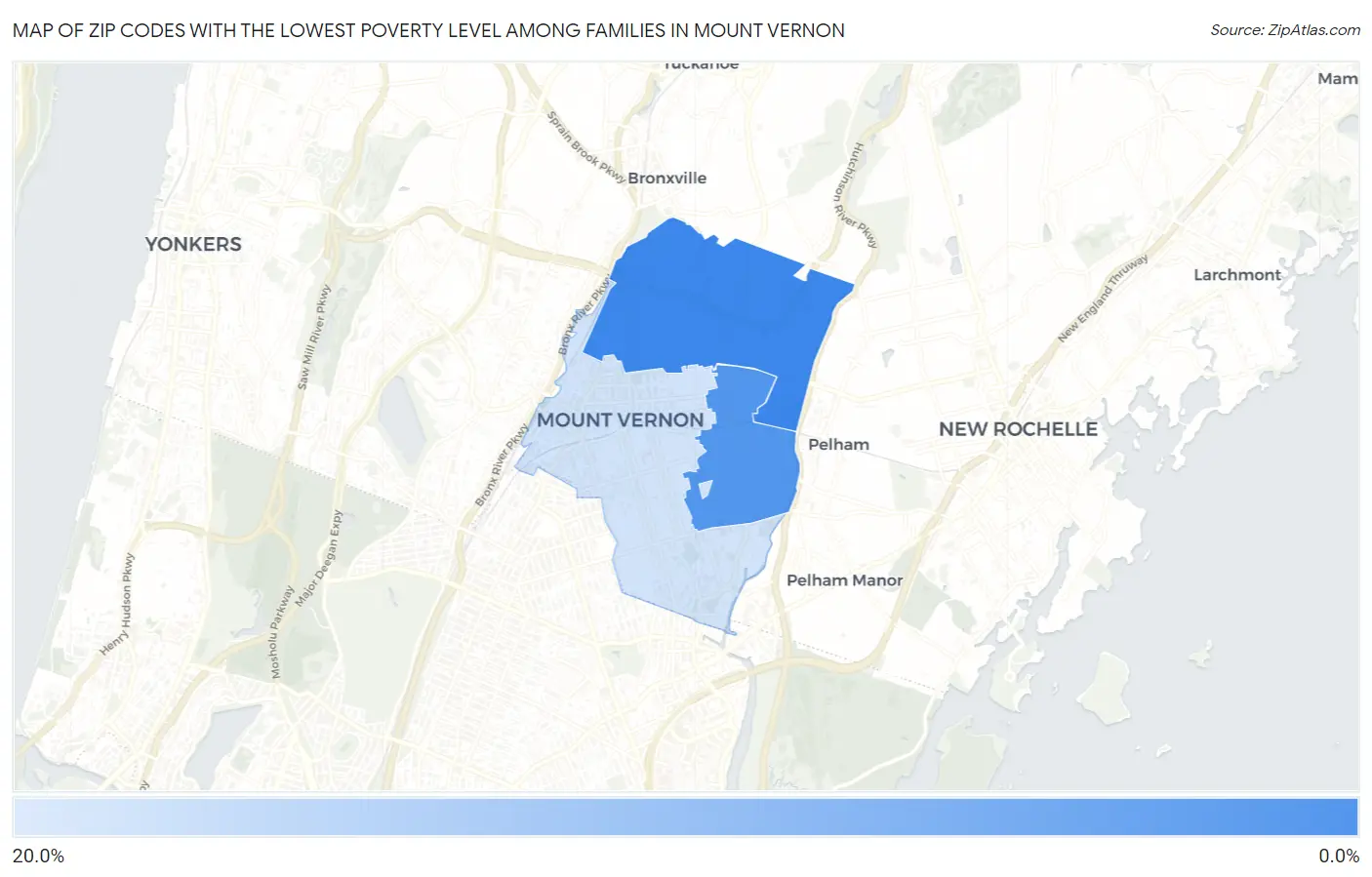 Zip Codes with the Lowest Poverty Level Among Families in Mount Vernon Map