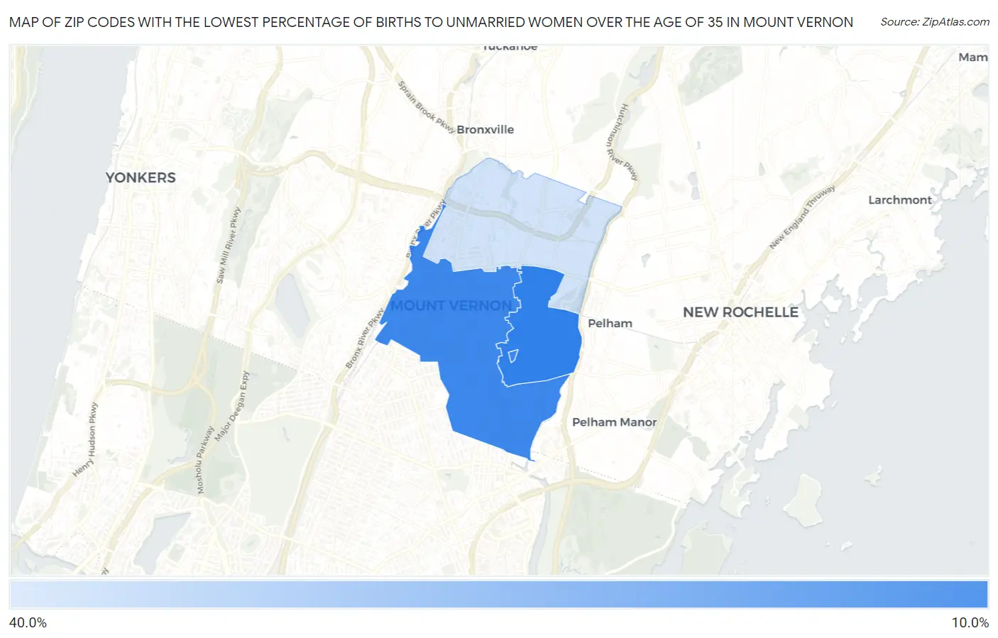 Zip Codes with the Lowest Percentage of Births to Unmarried Women over the Age of 35 in Mount Vernon Map