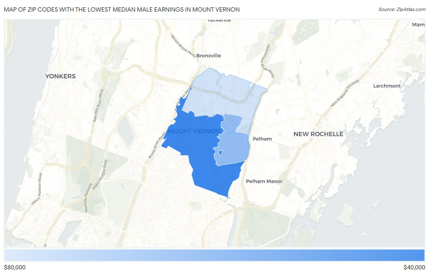 Zip Codes with the Lowest Median Male Earnings in Mount Vernon Map