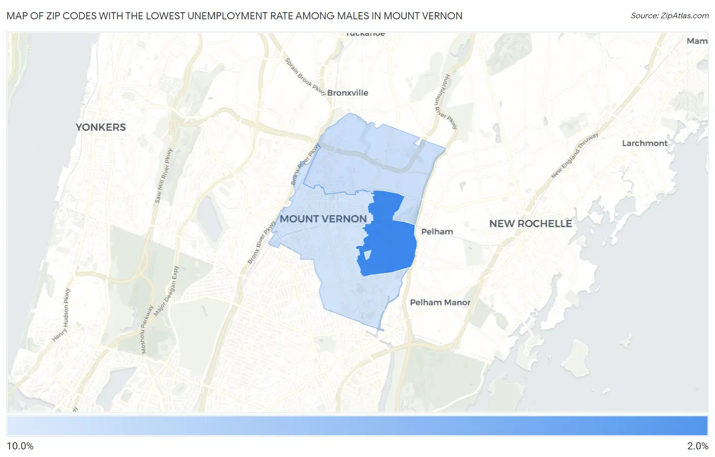 Zip Codes with the Lowest Unemployment Rate Among Males in Mount Vernon Map