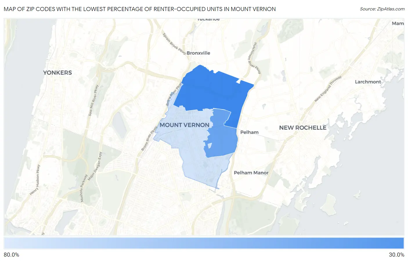 Zip Codes with the Lowest Percentage of Renter-Occupied Units in Mount Vernon Map